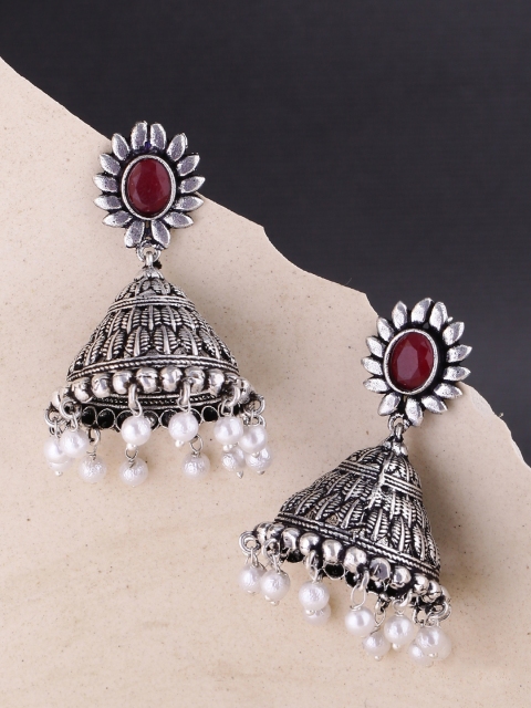 

Voylla Red Silver-Plated Red Handcrafted Contemporary Jhumkas