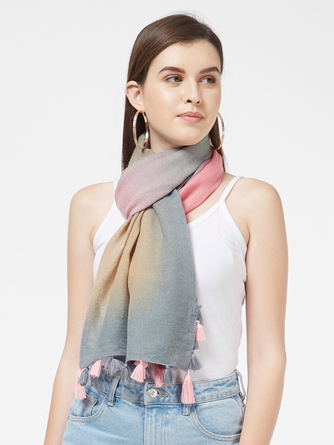 

Vozaf Women Pink & Grey Printed Woollen Shawl With Corner Pom Pom