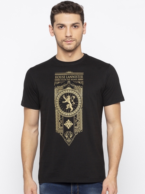 Status Quo Men Black & Yellow Game of Thrones Printed Round Neck Slim Fit T-shirt