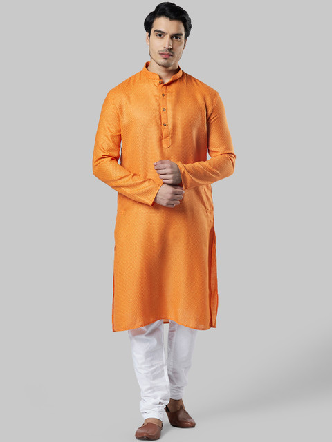 

Ethnix by Raymond Men Yellow & White Self Design Kurta with Churidar