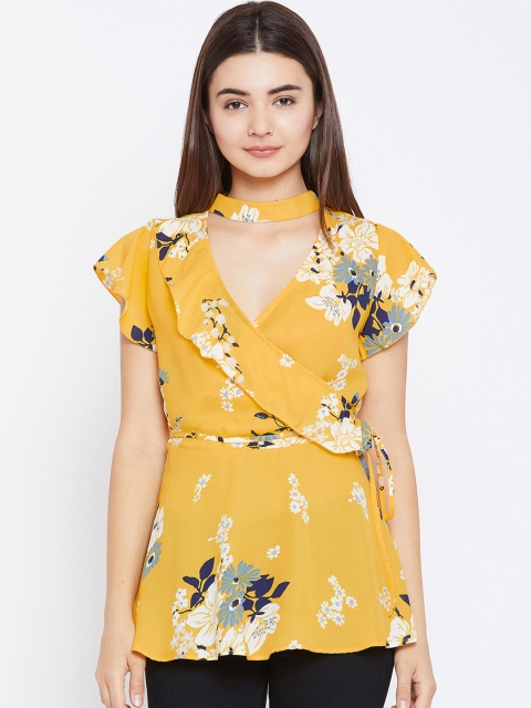

PANIT Women Yellow Floral Printed Wrap Top