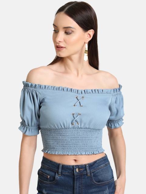 

Kazo Women Blue Solid Smocking Detail Bardot Top