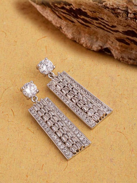 

Voylla Silver-Toned & White Geometric Drop Earrings