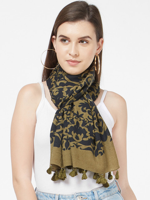 

Vozaf Women Olive Green & Black Printed Woollen Shawl With Pom Pom