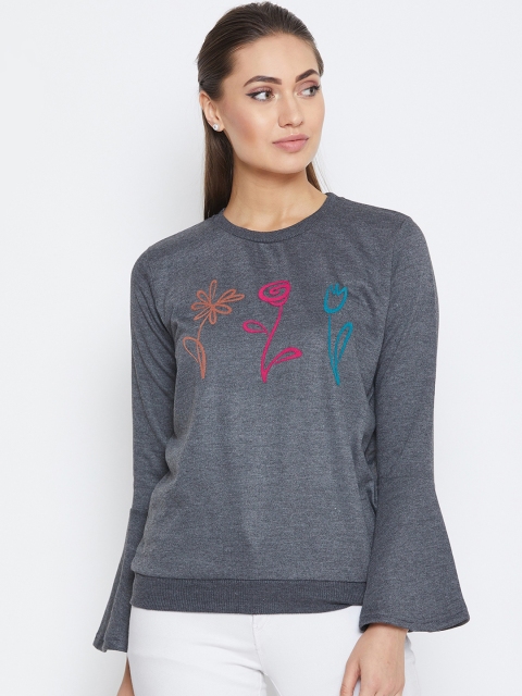 

PURYS Women Grey & Orange Printed Sweatshirt
