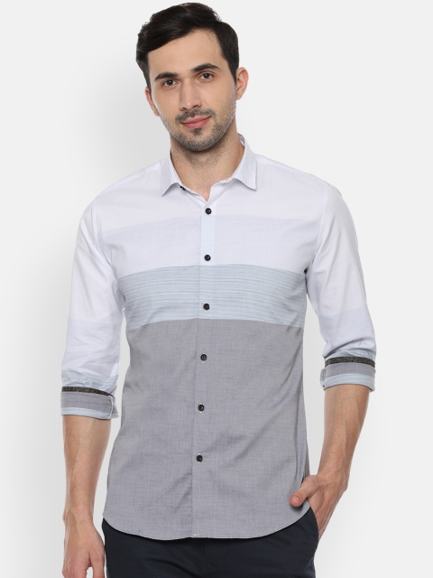 V Dot Men Grey Skinny Fit Striped Casual Shirt