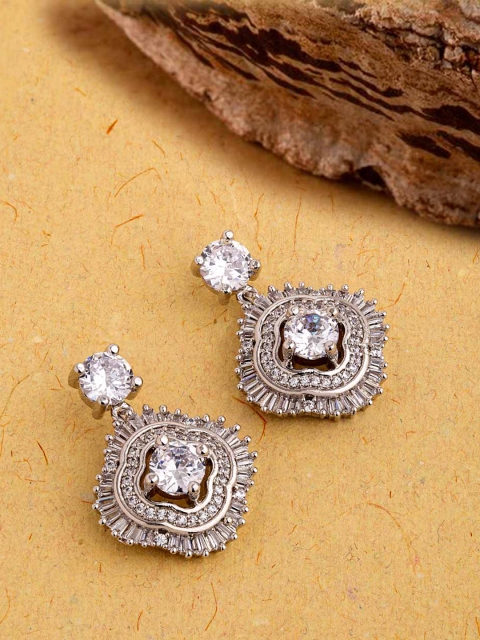 Voylla Silver-Plated & White Geometric Zircon Stone StuddedDrop Earrings
