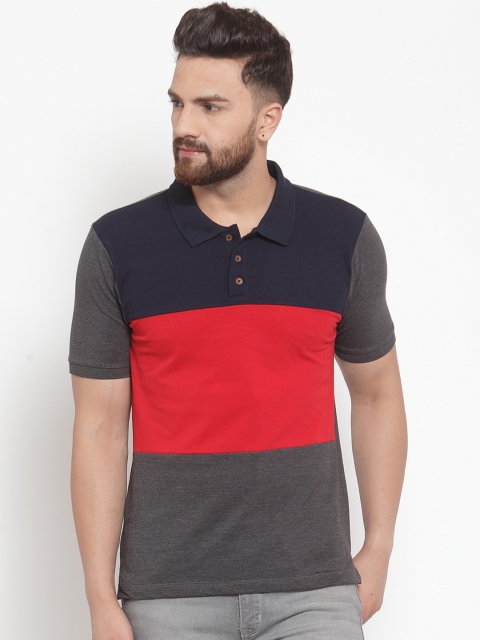 

Kalt Men Grey& Red Colourblocked Polo Collar T-shirt