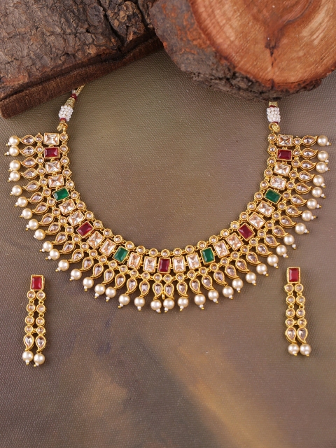 

Voylla Women Gold-Toned & Red Stone Studded Handcrafted Jewellery Set