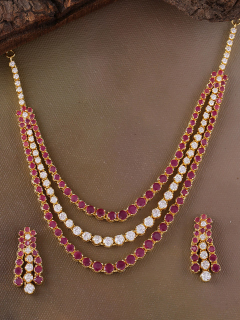 

Voylla Women Pink & White Stone-Studded Layered Handcrafted Jewellery Set