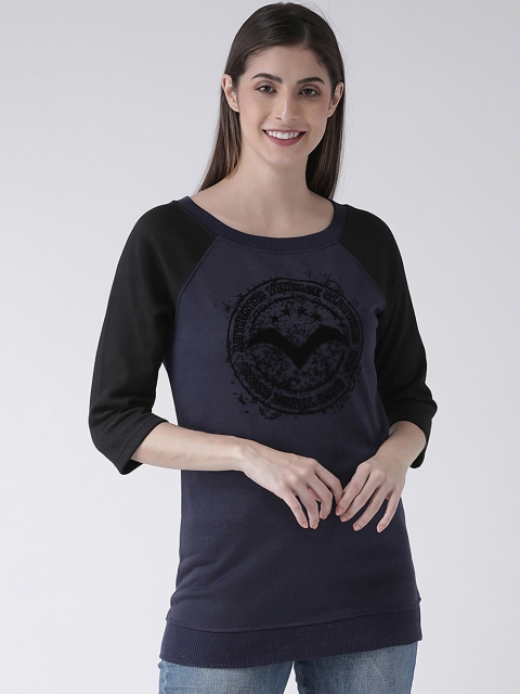 

The Vanca Women Navy Blue & Black Printed Longline Pullover Sweatshirt