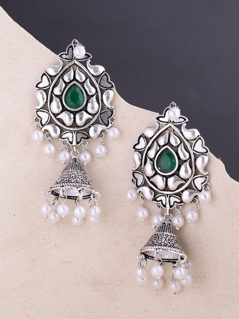 

Voylla Silver-Toned & Green Contemporary Jhumkas