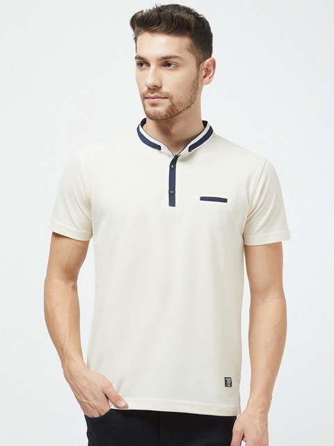 

Status Quo Men Beige Solid Mandarin Collar T-shirt