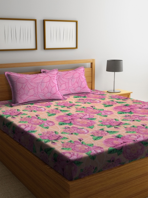 

BOMBAY DYEING Pink & Green Abstract 120 TC Cotton 1 Queen Bedsheet with 2 Pillow Covers