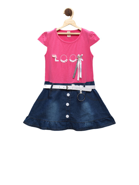 

PASSION PETALS Girls Pink & Blue Colourblocked Fit and Flare Dress