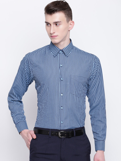 

English Navy Men Navy Blue Slim Fit Gingham Checked Formal Shirt