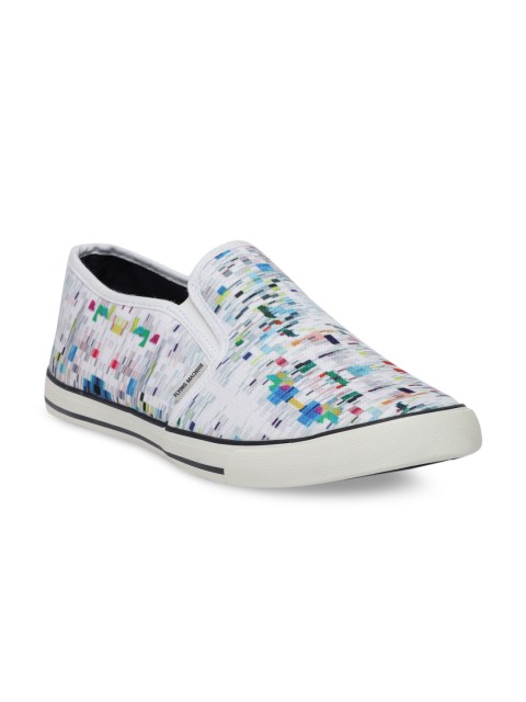

Flying Machine Men Off-White & Blue Printed Slip-On Sneakers