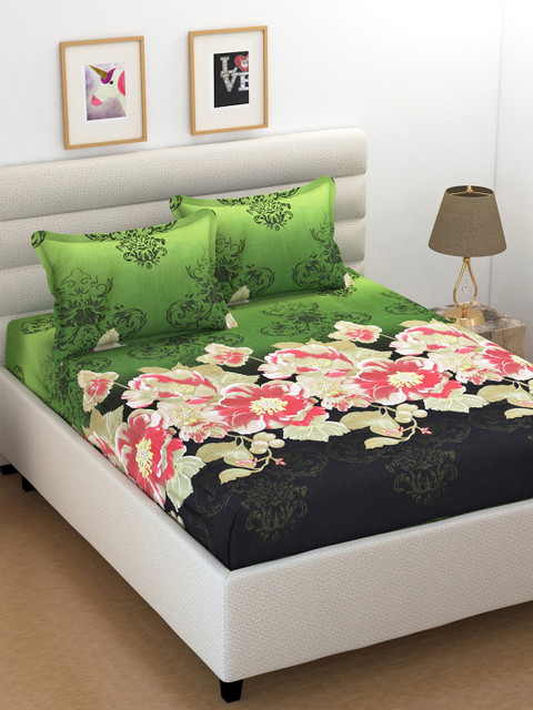 

XtroMac Green & Pink Floral 104 TC Polycotton 1 Queen Bedsheet with 2 Pillow Covers