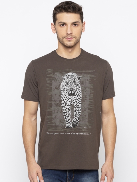 

Status Quo Men Olive Brown Slim Fit Printed Round Neck T-shirt