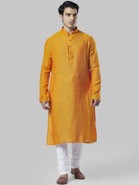 

Ethnix by Raymond Men Yellow & White Solid Linen Kurta with Churidar