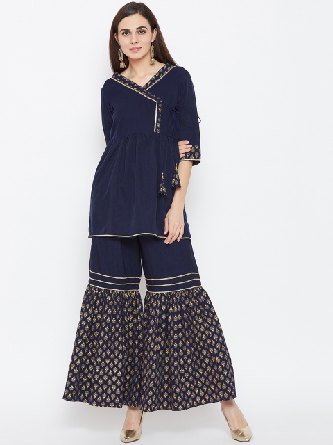 

studio rasa Women Navy Blue & Gold-Coloured Hand Block Printed Angrakha Kurta with Sharara