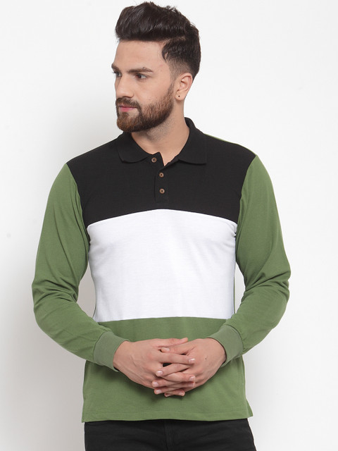 

Kalt Men Green Colourblocked Polo Collar T-shirt