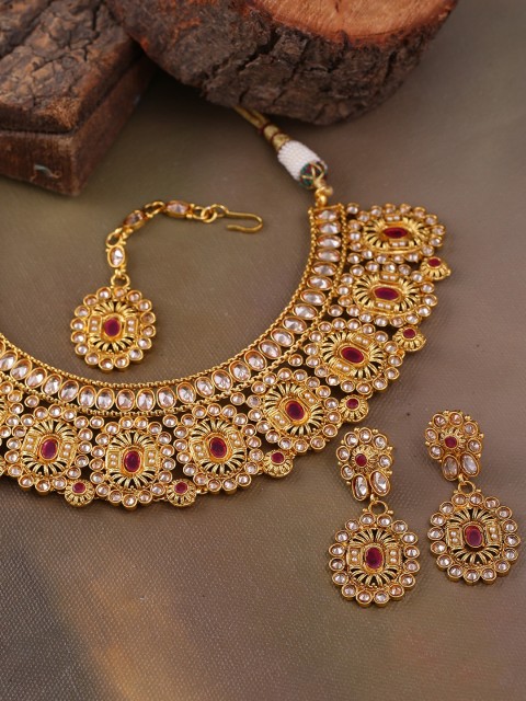 

Voylla Women Gold-Toned and Red Cubic-Zirconia Studded Handcrafted Jewellery Set