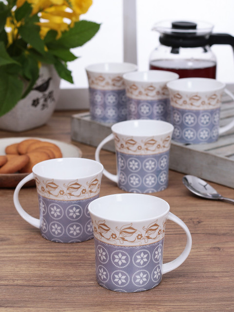 

CLAY CRAFT Set of 6 Blue & White Printed Bone China Cups 150 ml Each