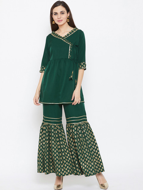 

studio rasa Women Green & Gold-Coloured Hand Block Printed Angrakha Kurta with Sharara