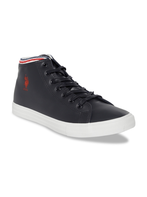 

U.S. Polo Assn. Men Navy Blue Striped Synthetic Leather Mid-Top Sneakers