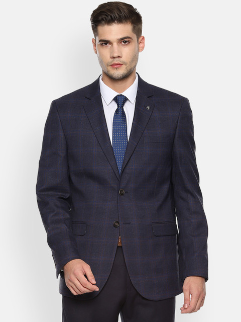 

Van Heusen Men Navy Blue Single-Breasted Checked Slim-Fit Blazer