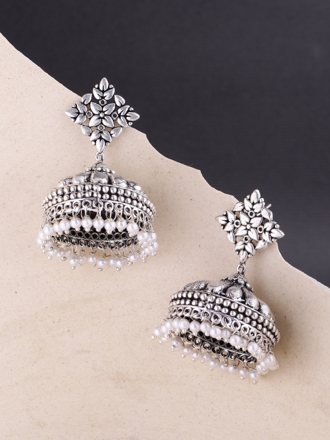 

Voylla Silver-Plated & White Contemporary Jhumkas