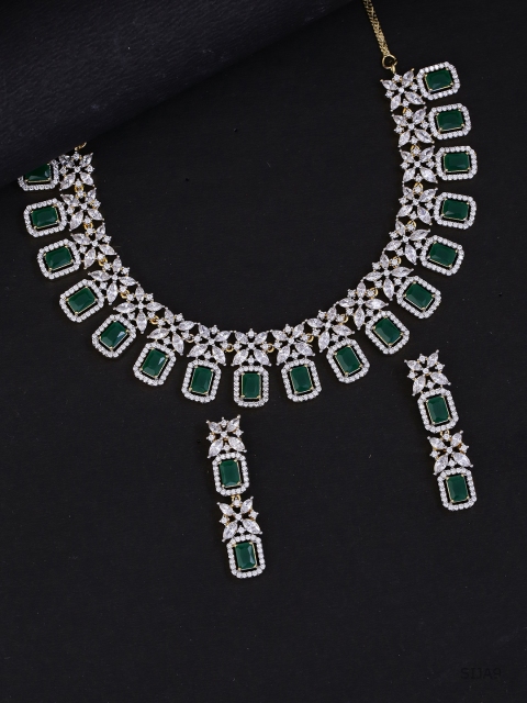 

Voylla Women White & Green Cubic-Zirconia Handcrafted Jewellery Set
