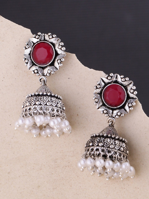 

Voylla Red Silver-Plated Handcrafted Contemporary Jhumkas