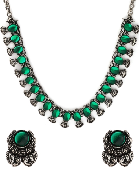 

Rubans Women Silver-Toned & Green Handcrafted Oxidised Jewellery Set