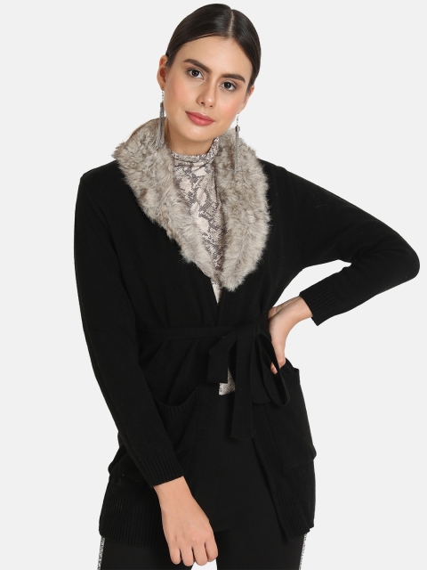 

VividArtsy Women Black Self Design Open Front Shrug