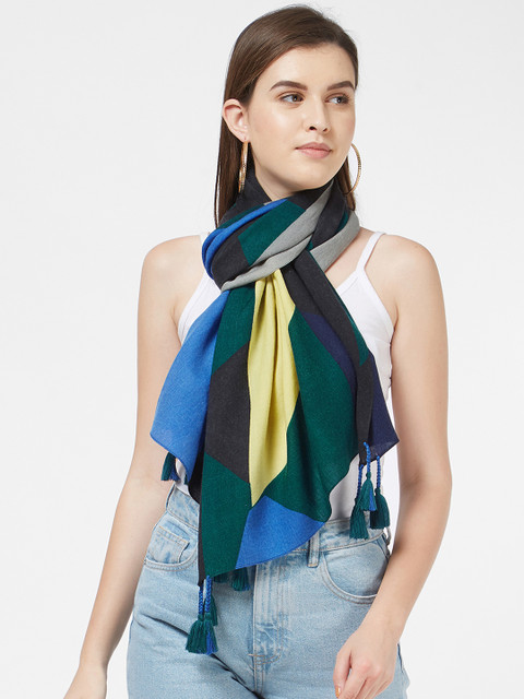

Vozaf Women Green & Black Colourblocked Woollen Shawl With Pom Pom