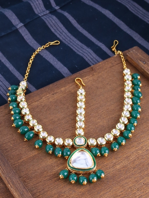 

Voylla Women Gold-Plated & Green Kundan Studded Handcrafted Matha Patti