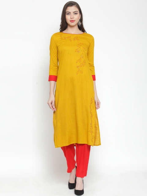 

Kiaasa Women Mustard & Red Embroidered Kurta with Trousers