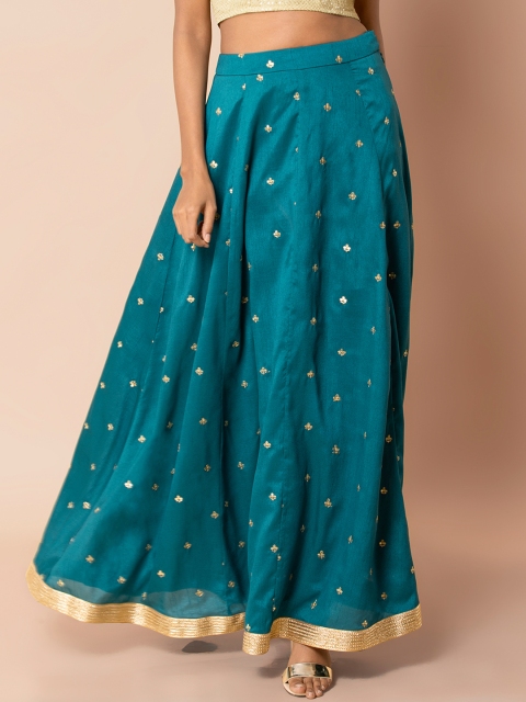 

INDYA Women Teal Blue & Gold-Toned Embellished Flared Maxi Skirt