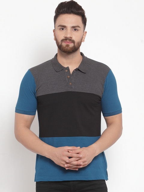 

Kalt Men Blue & Black Colourblocked Polo Collar T-shirt