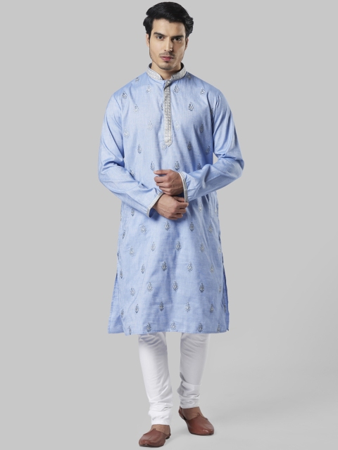 

Ethnix by Raymond Men Blue & White Embroidered Kurta with Churidar