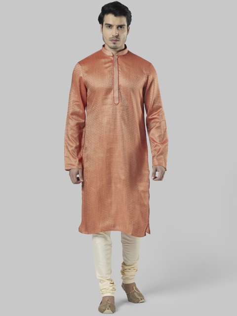 

Ethnix by Raymond Men Orange & Off-White Woven Design Kurta with Churidar