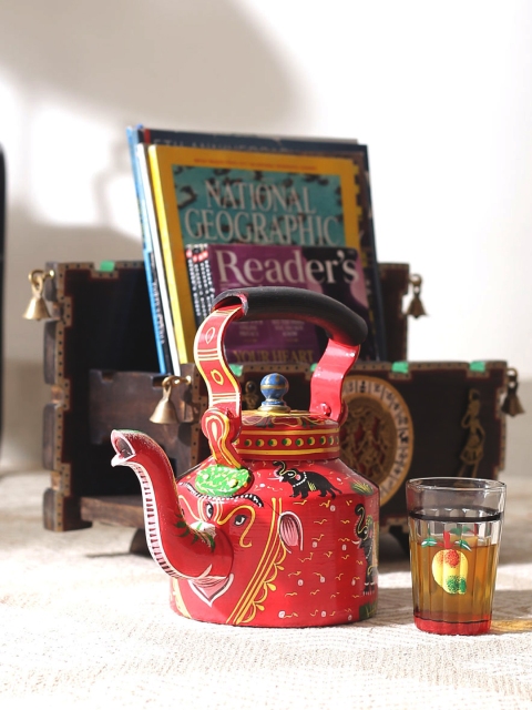 

VarEesha Red & Yellow Hand Painted Elephant Kettle Table Decorative/ Showpiece