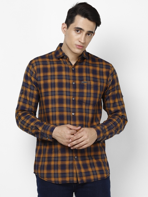 

Urbano Fashion Men Yellow & Navy Blue Slim Fit Checked Casual Shirt