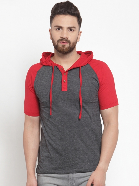 

Kalt Men Grey Melange Solid Hood T-shirt