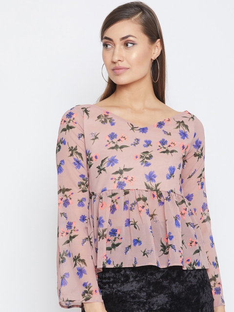

PURYS Women Peach-Coloured Floral Printed Peplum Top