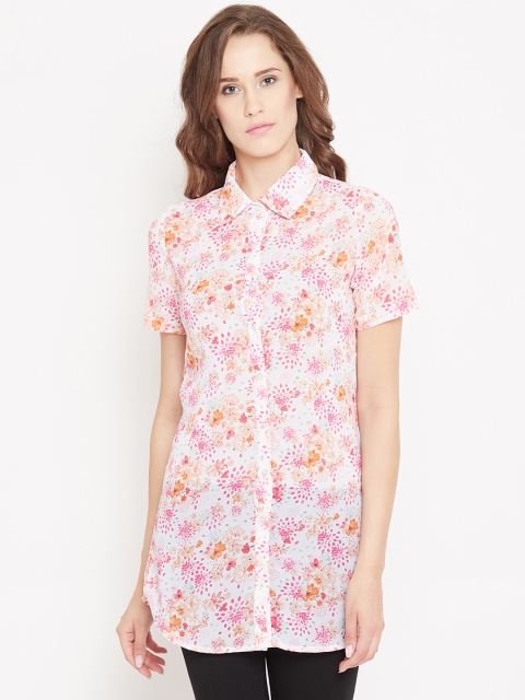 

PANIT Women White & Peach-Coloured Slim Fit Printed Casual Shirt