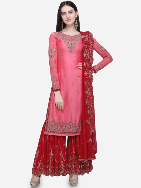 

Stylee LIFESTYLE Pink & Red Satin Semi-Stitched Dress Material