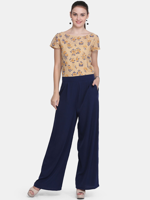 

Eavan Women Beige & Navy Blue Self Design Basic Jumpsuit